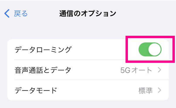iPhoneでデータローミングをオンにする設定画面