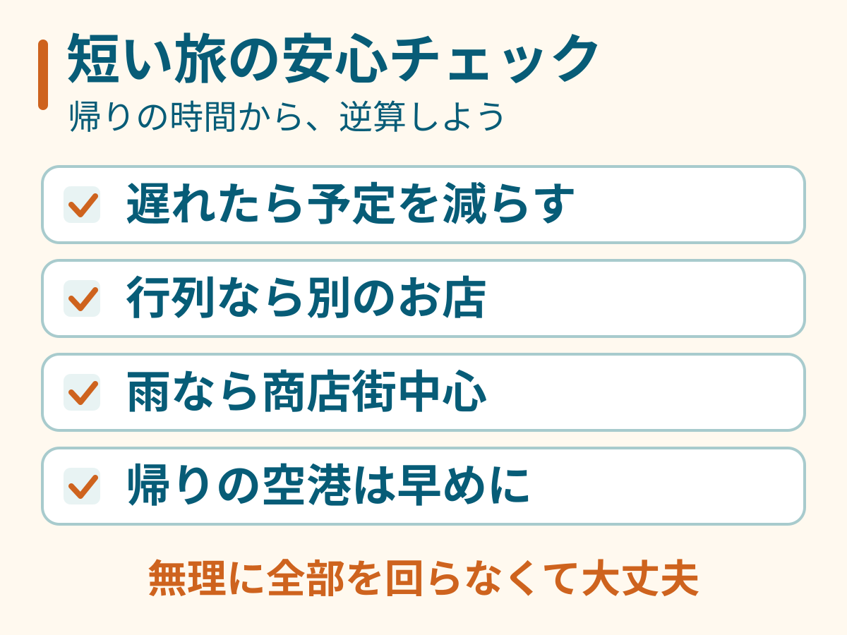 石垣日帰りの注意点。遅れたら予定を減らす、行列なら別のお店、雨なら商店街中心、帰りの空港は早めに。