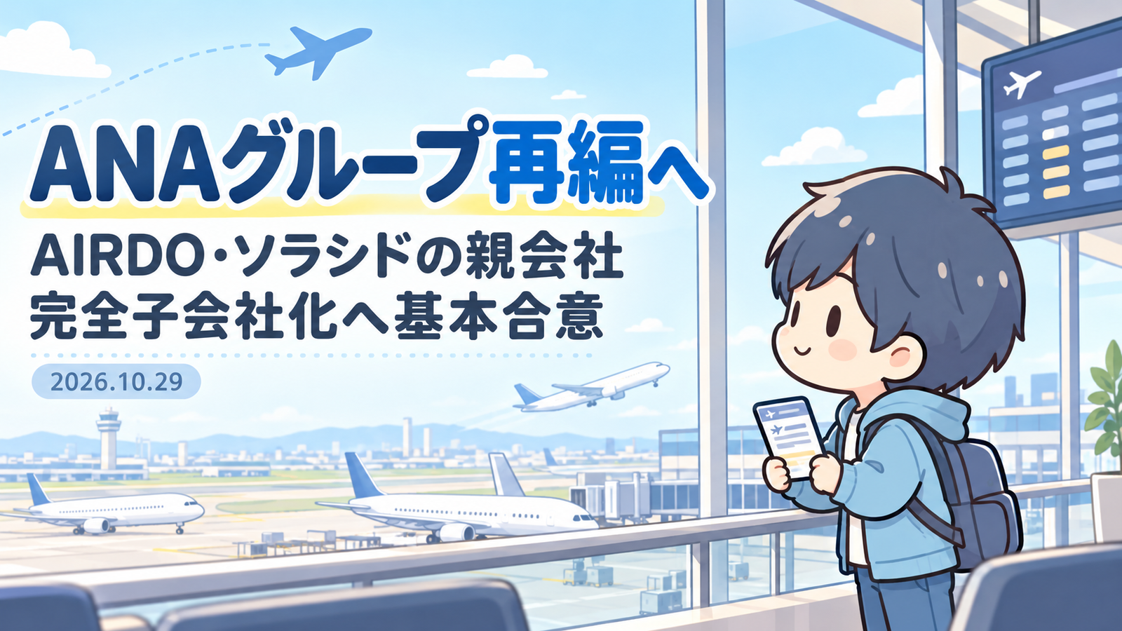 空港で航空情報を見るあすぱら。と、ANAによるAIRDO・ソラシドエアの親会社完全子会社化への基本合意を伝えるイラスト