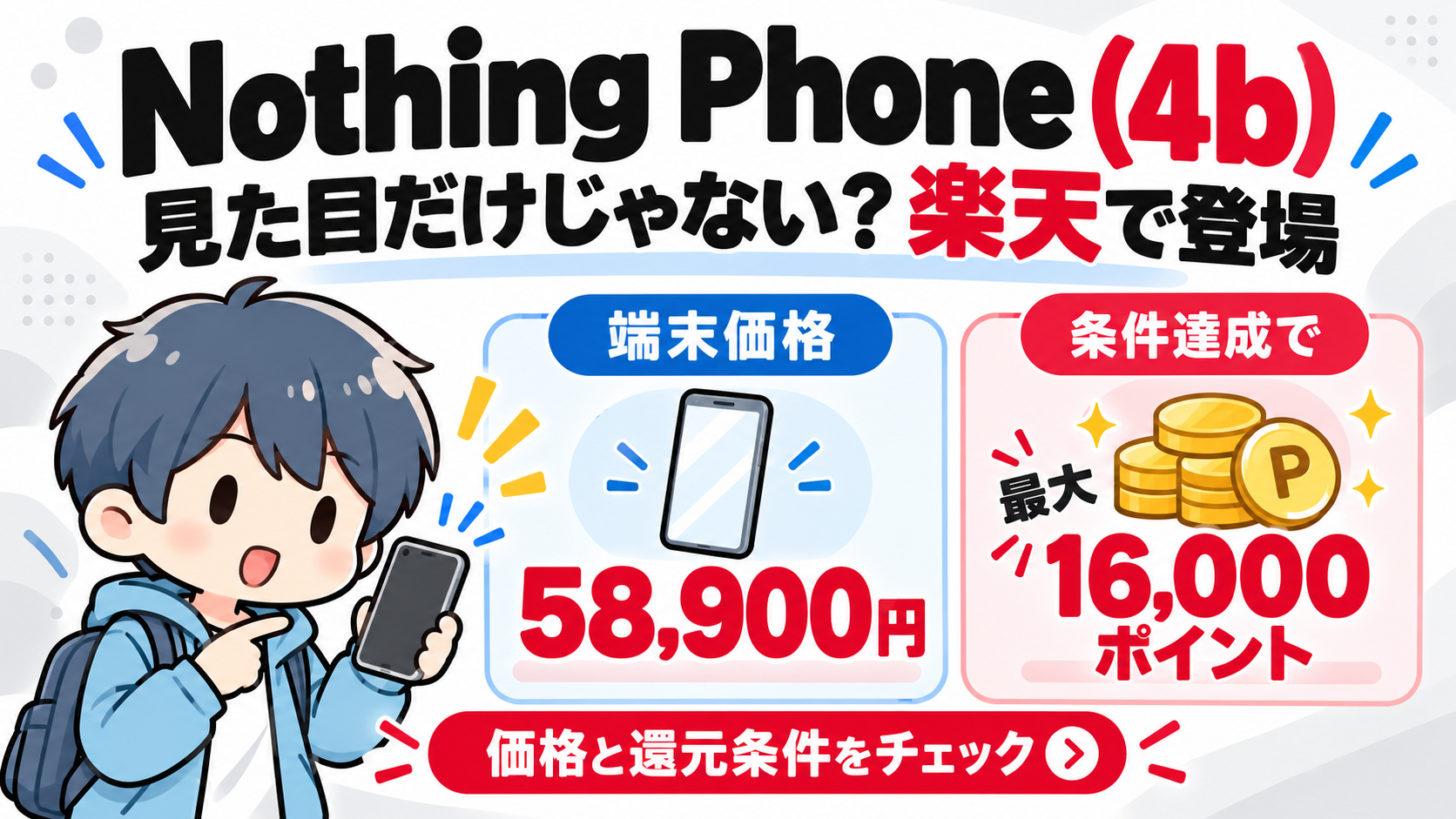 あすぱら。がNothing Phone (4b)の端末価格58,900円と条件達成で最大16,000ポイントを紹介するイラスト