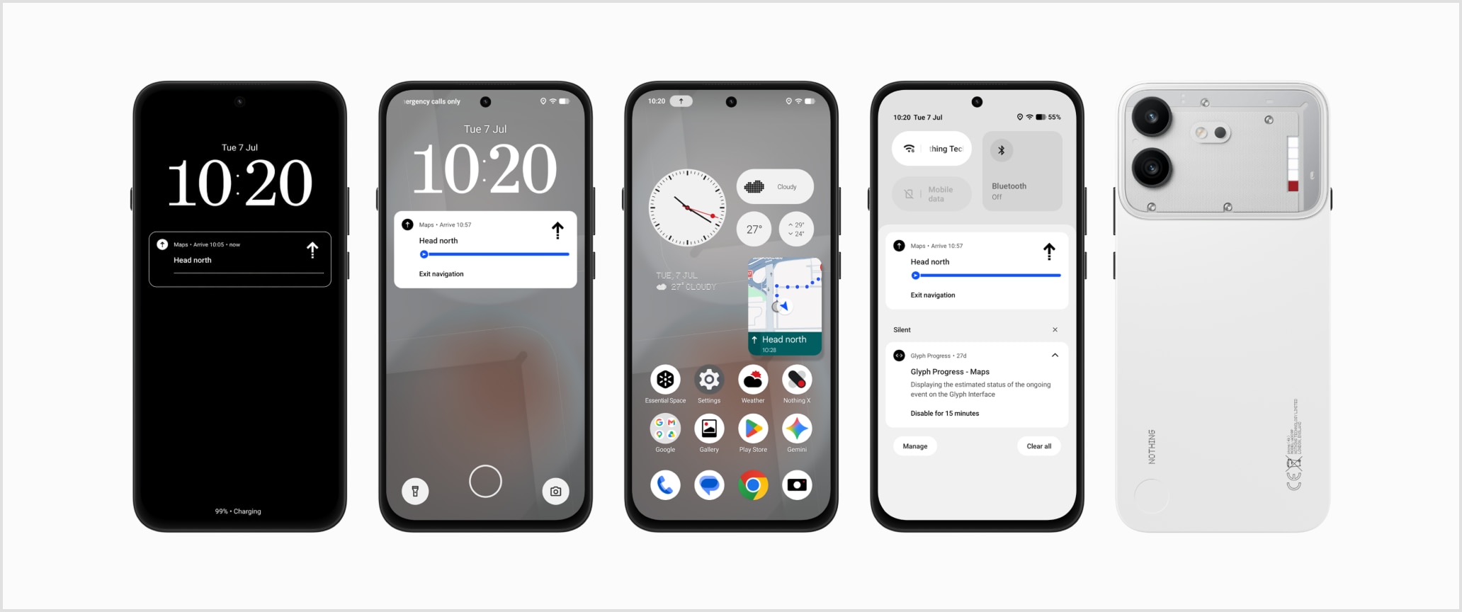 Phone (4b)のロック画面、ホーム画面、通知画面と背面を並べた公式画像