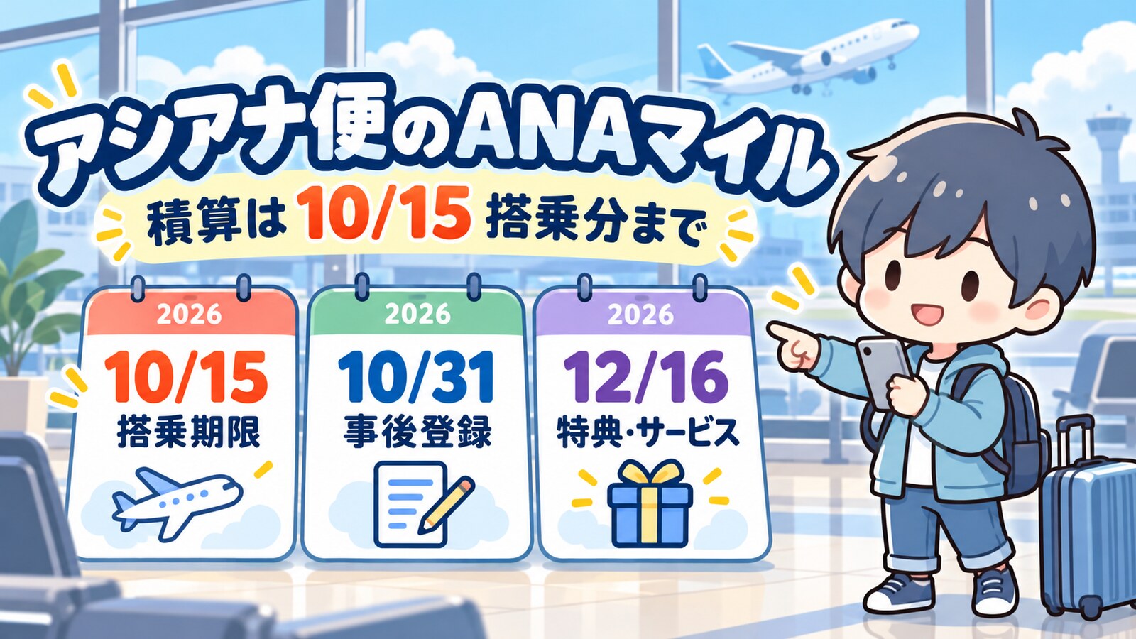 あすぱら。がアシアナ便のANAマイル積算期限10月15日、事後登録10月31日、特典とサービス12月16日のカレンダーを案内するイラスト