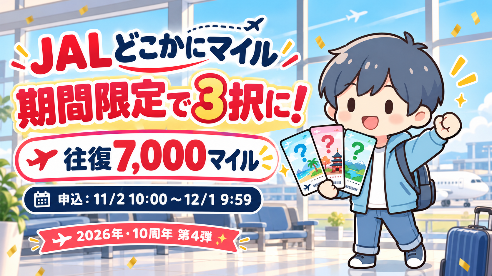 JALどこかにマイル10周年第4弾。往復7,000マイルの3択キャンペーンとあすぱら。
