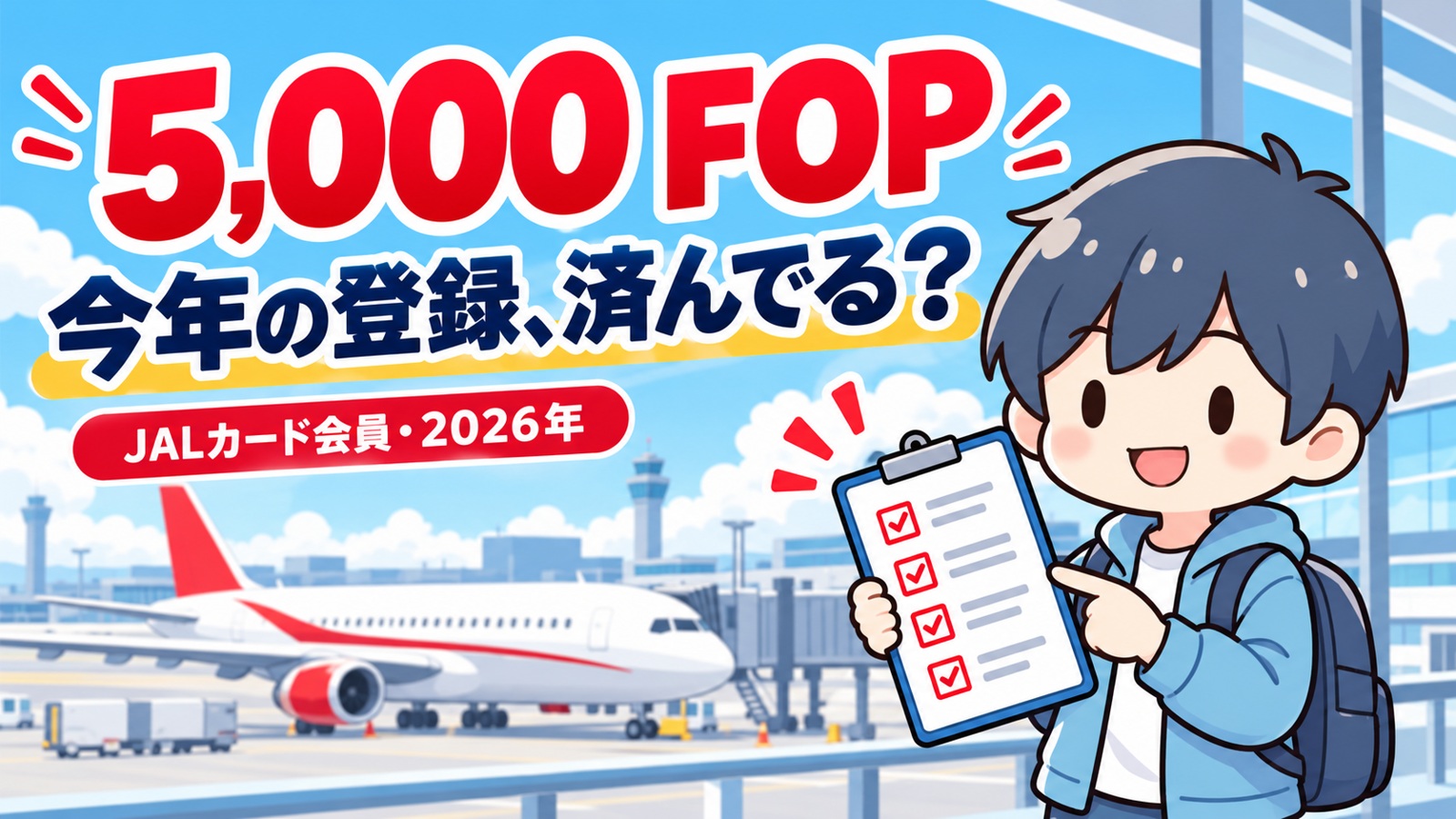 今年JALに乗ったのに5,000FOPがない？JALカードの登録忘れ、まだ間に合います【2026年】を紹介するあすぱらのイラスト