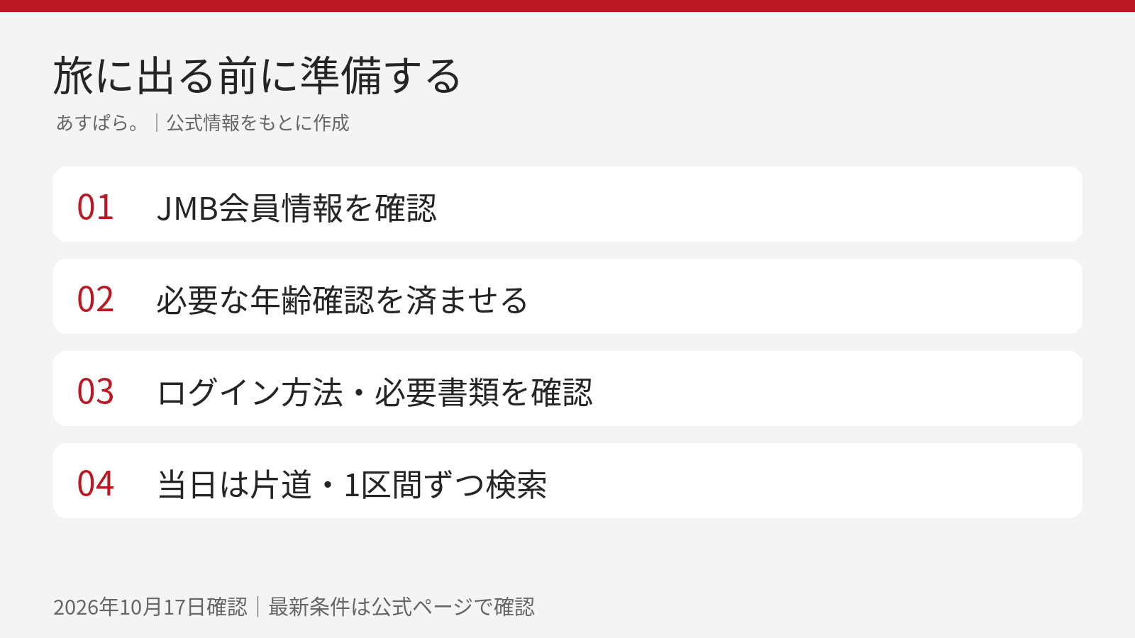 搭乗日前にJMB会員情報、年齢確認、ログイン方法を整える準備フロー