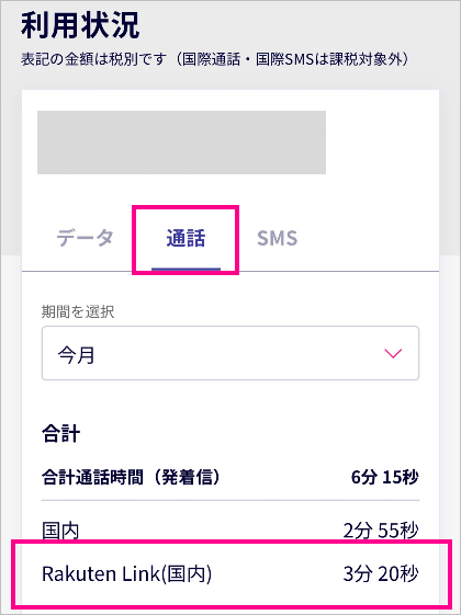 楽天モバイル公式FAQの画面例。利用状況の通話タブ内にあるRakuten Link国内通話時間の確認箇所