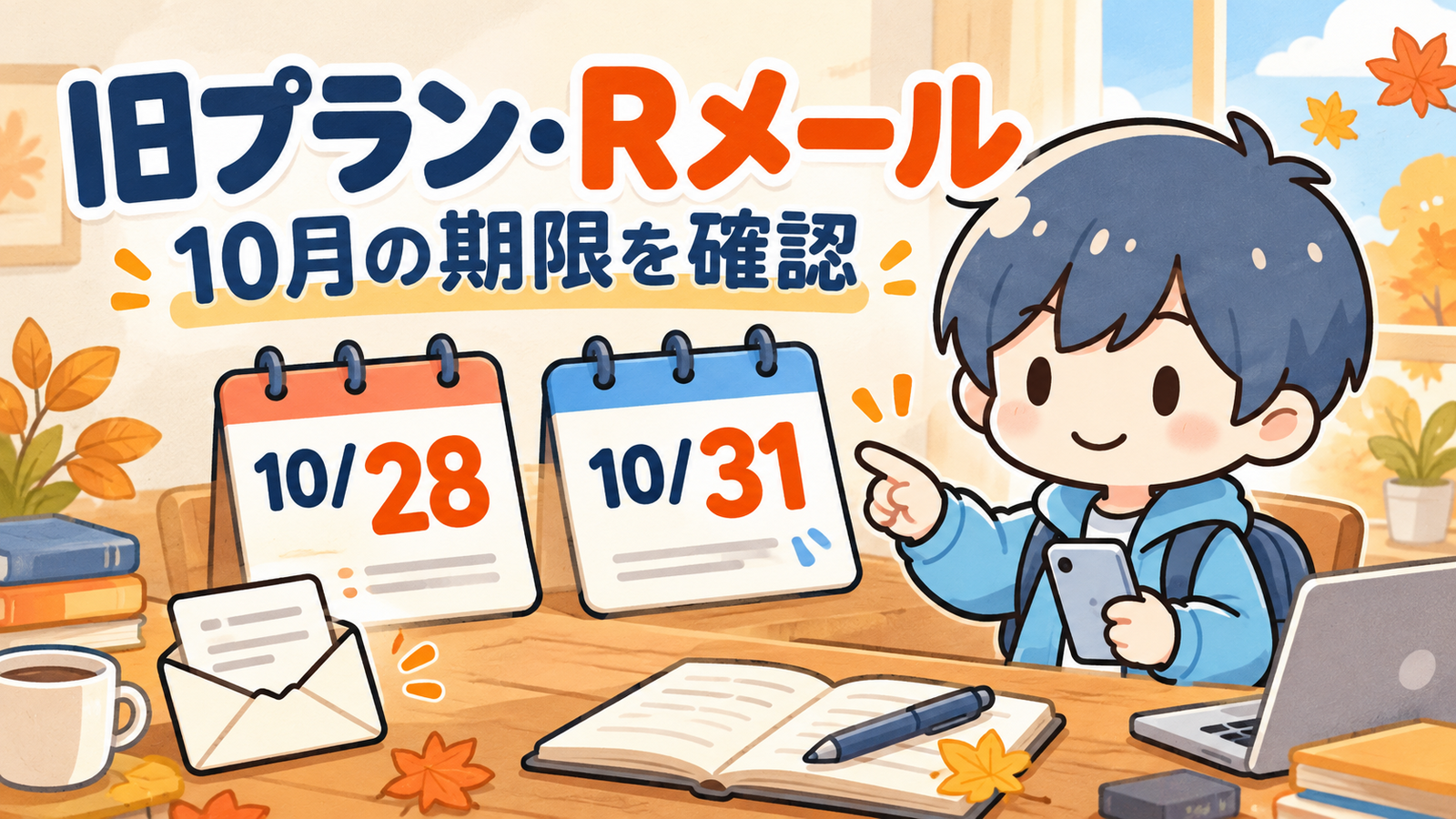 あすぱら。が旧プランとRメールの10月28日・31日の期限を案内するオリジナルイラスト