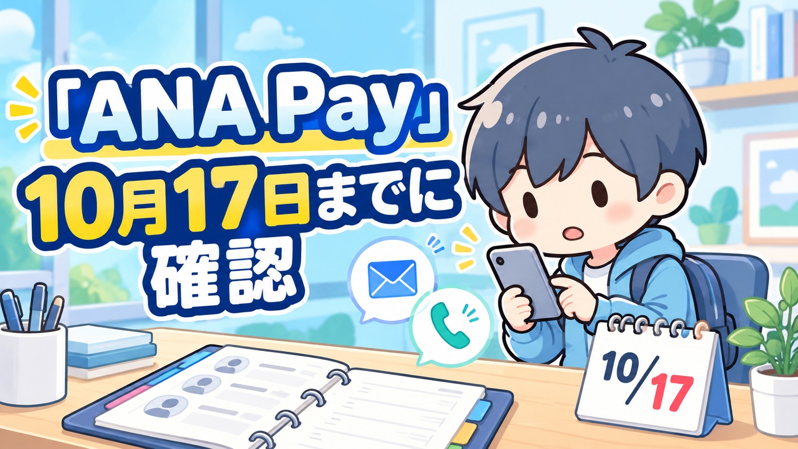 ANA Payが利用制限に？10月17日までに確認したい「古い電話番号」をテーマにした、あすぱら。キャラクター入りのイメージイラスト