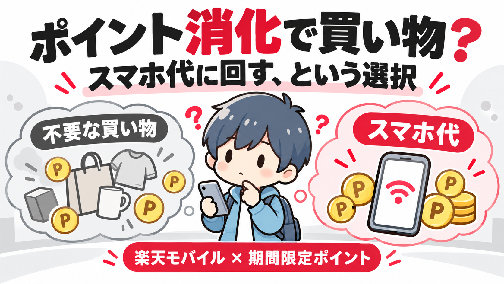 期間限定ポイント、使うために買い物してない？楽天モバイルのスマホ代へ回す方法をテーマにしたあすぱらの新規イラスト