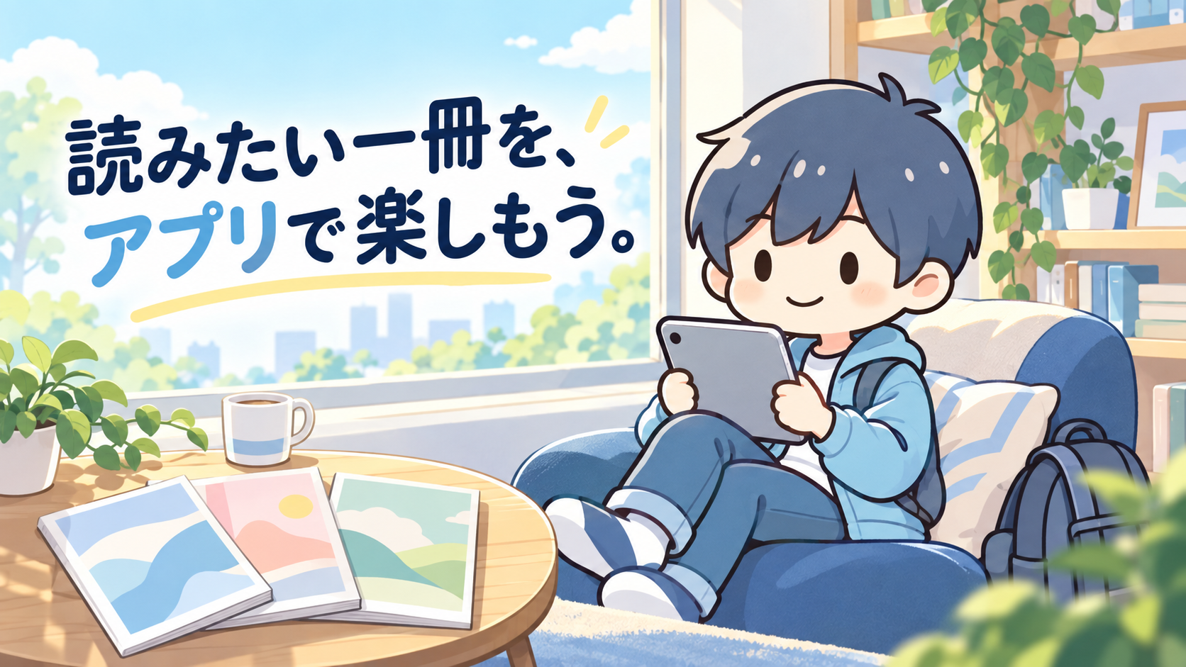 明るい読書スペースでタブレットを持つあすぱらのキャラクター