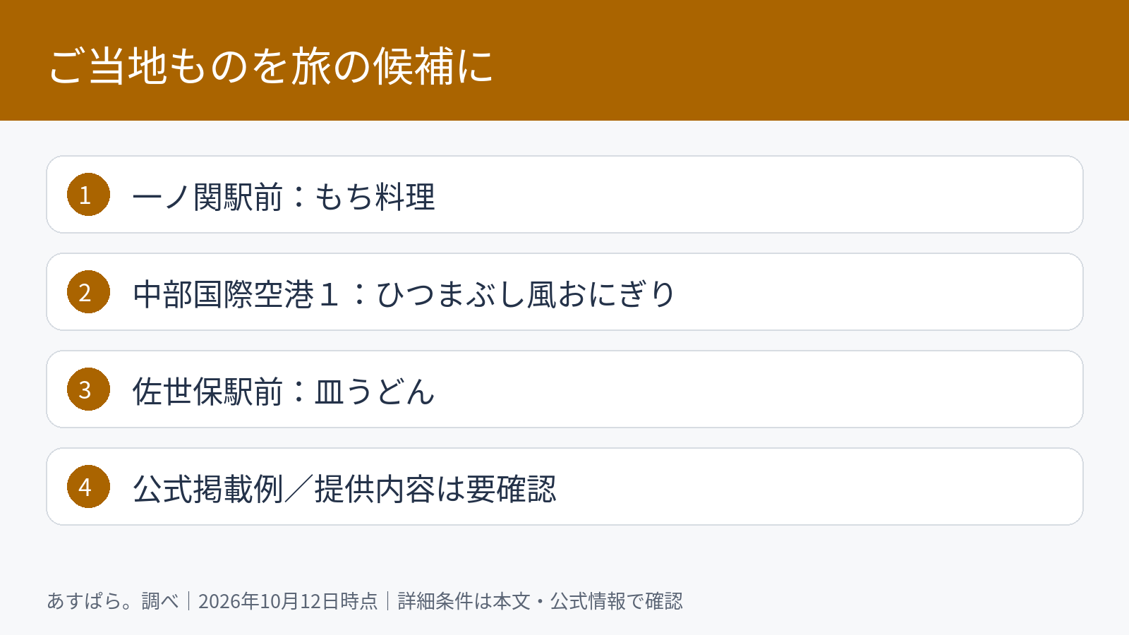 ご当地ものを旅の候補に。一ノ関駅前:もち料理。中部国際空港1:ひつまぶし風おにぎり。佐世保駅前:皿うどん。公式掲載例/提供内容は要確認