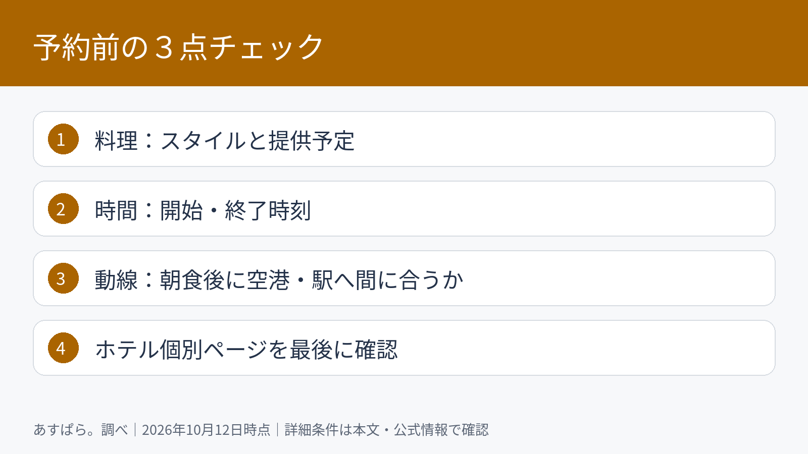 予約前の3点チェック。料理:スタイルと提供予定。時間:開始・終了時刻。動線:朝食後に空港・駅へ間に合うか。ホテル個別ページを最後に確認